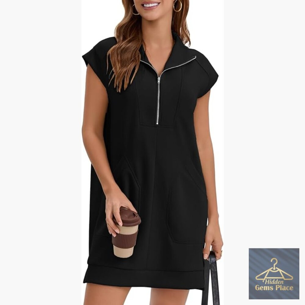 Half Zip T-Shirt Dress with Pockets, Cap Sleeve V-Neck Collared Mini Tunic